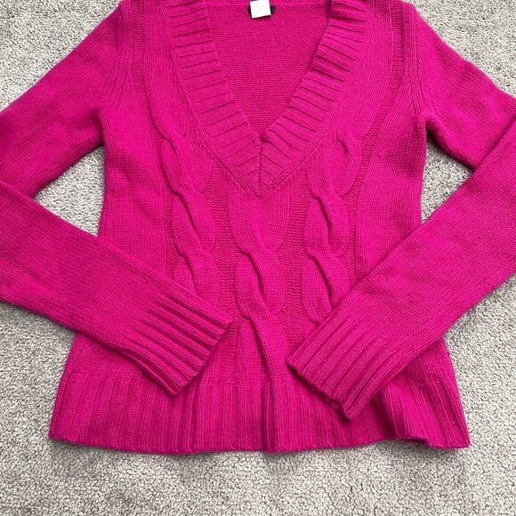 J. Crew Wool Cashmere Cable Knit Sweater Womens Small Hot Pink V-Neck Pullover - Picture 13 of 14
